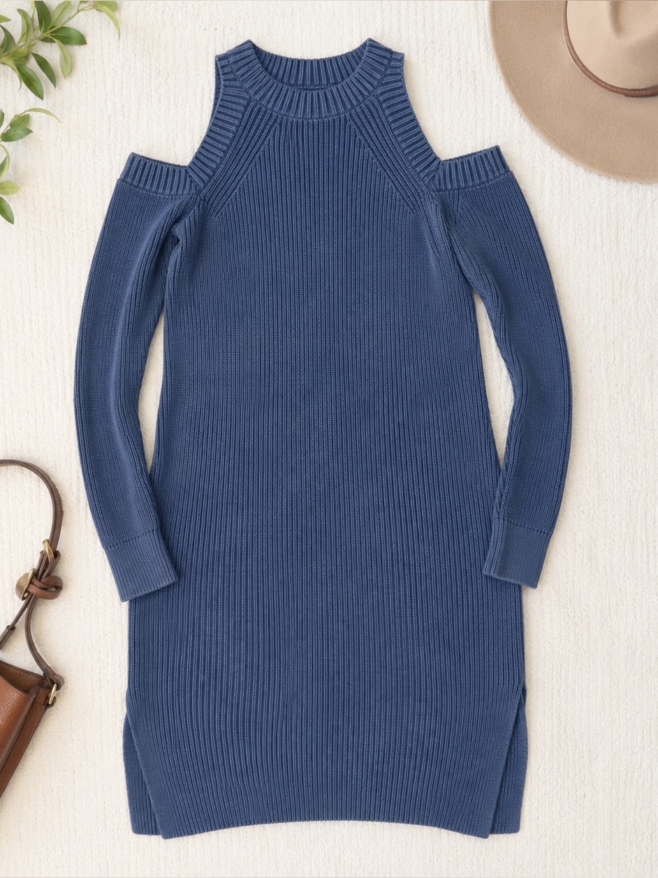Rag & Bone Jean Cold Shoulder Ribbed Knit Sweater Dress Blue Medium